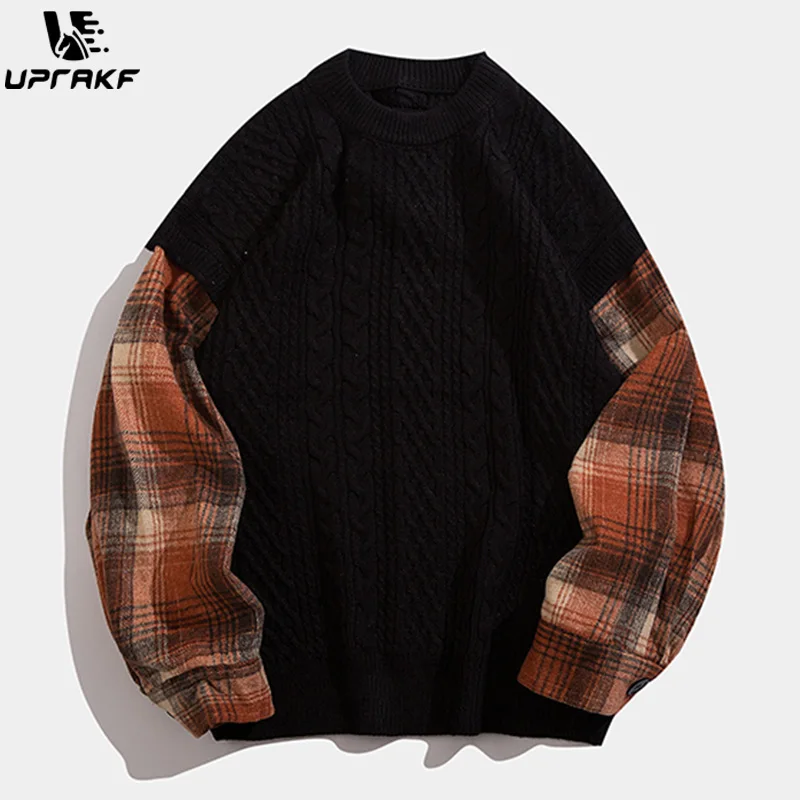 UPRAKF Solid Color Patchwork Sweater Long Sleeve Loose Tops Outwear Pullover Fashion Streetwear Tops