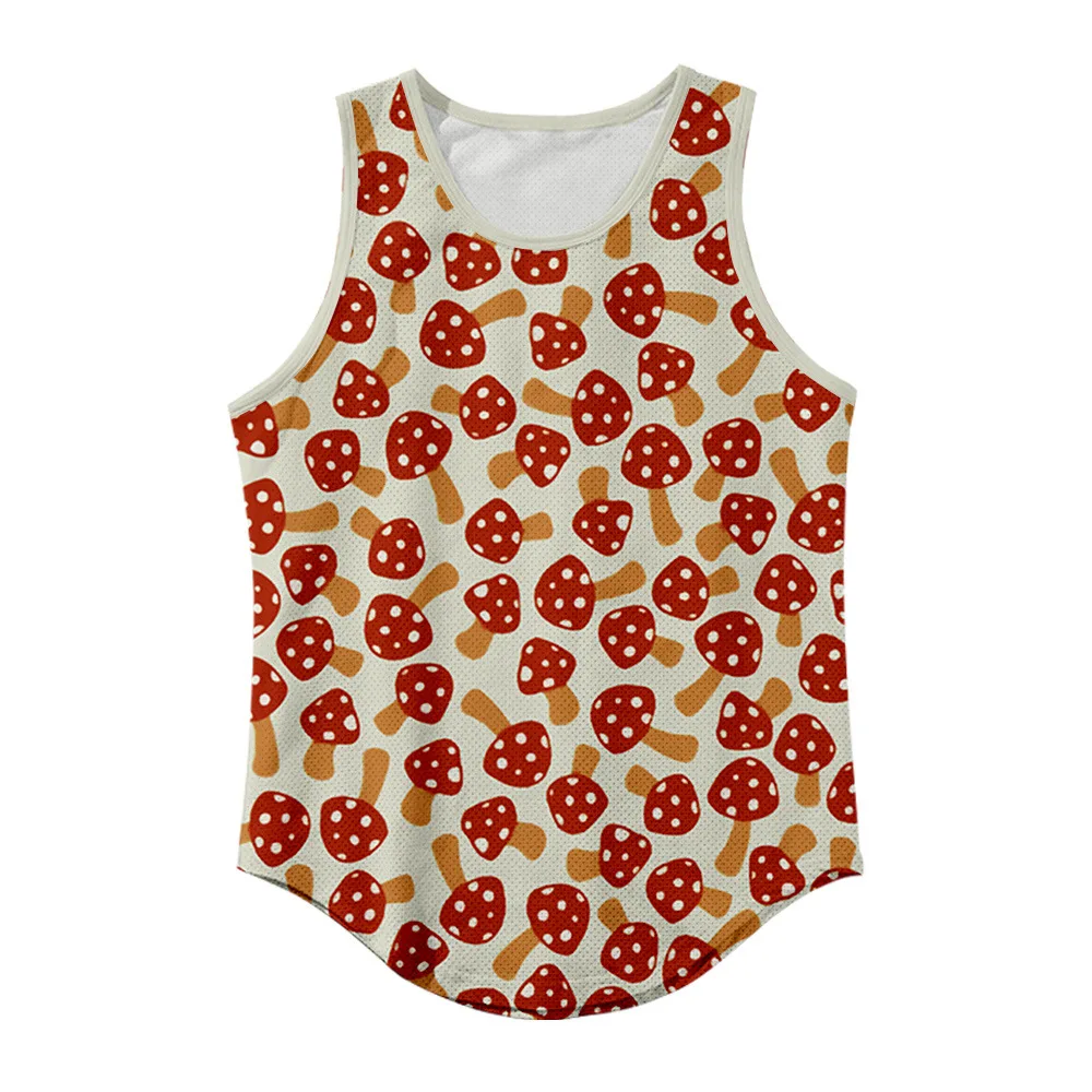 Fashion Mushroom Print Tank Tops Summer Gym Sleeveless Shirt Sportswear Vest Casual Singlet Beach Men Mesh Tops Plus Size 6XL