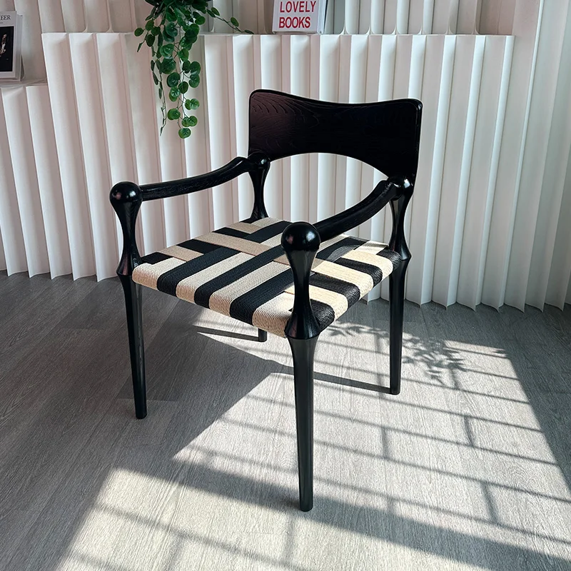 

Medieval dining chair rope designer leisure chair retro minimalist black home armchair high backrest study chair
