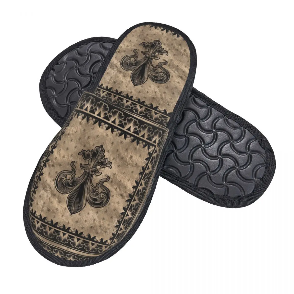 Custom Vintage Fleur De Lis Black And Gold House Slippers Women Soft Memory Foam Luxury Sacred Lily Flower Slip On  Shoes