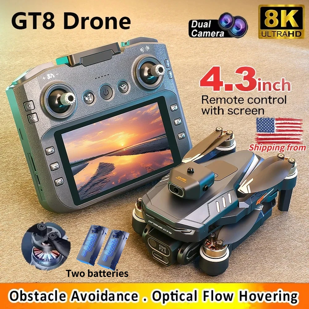 

Дрон GT8 с 4,3-дюймовым экраном, управлением, двойной камерой 8K, бесщеточным двигателем, оптическим позиционированием, для путешествий и видеоблогов, начального уровня, для видеосъемки