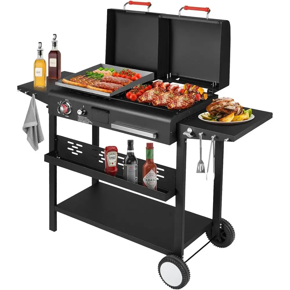 Dual Fuel BBQ Grill with Gas Griddle and Charcoal, Silicone Gloves, Dual Lids, and Side Shelves