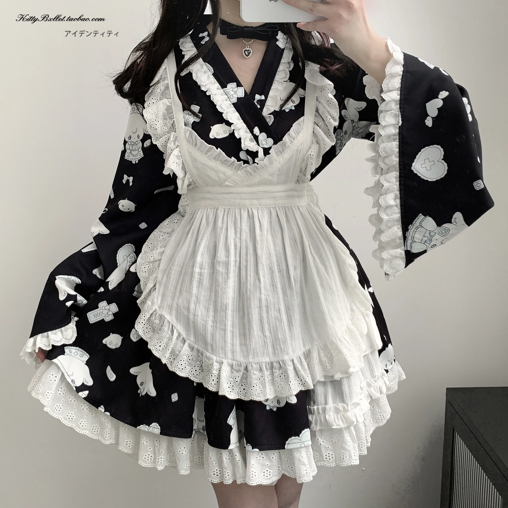 New 2024 Spring and Summer Female Girls Sweet Cute Lace Water Color Printed Kimono Top  Apron and Skirt 3 Piece Set Outfits