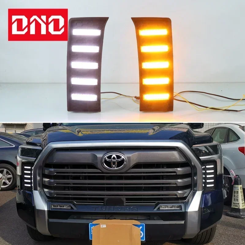 Car LED DRL 12V Daylights For Toyota Tundra 2022 2023 Yellow Turn Signal Daytime Running Headlamps Auto Driving Lamp Foglamps