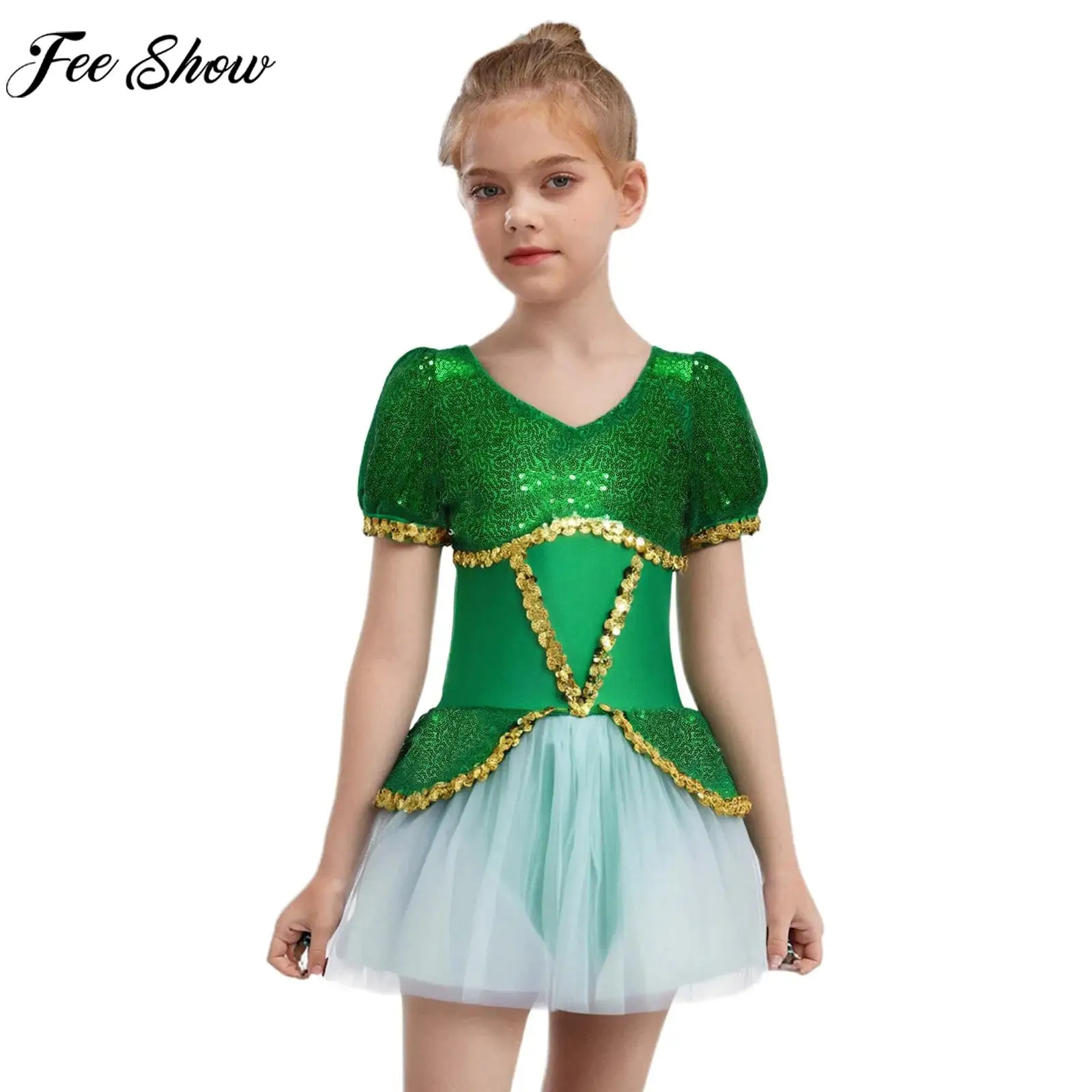 

Teen Girls Halloween Flower Fairy Forest Elf Cosplay Costume Short Sleeve Shiny Sequin Ballet Dance Tutu Leotard Dress Dancewear