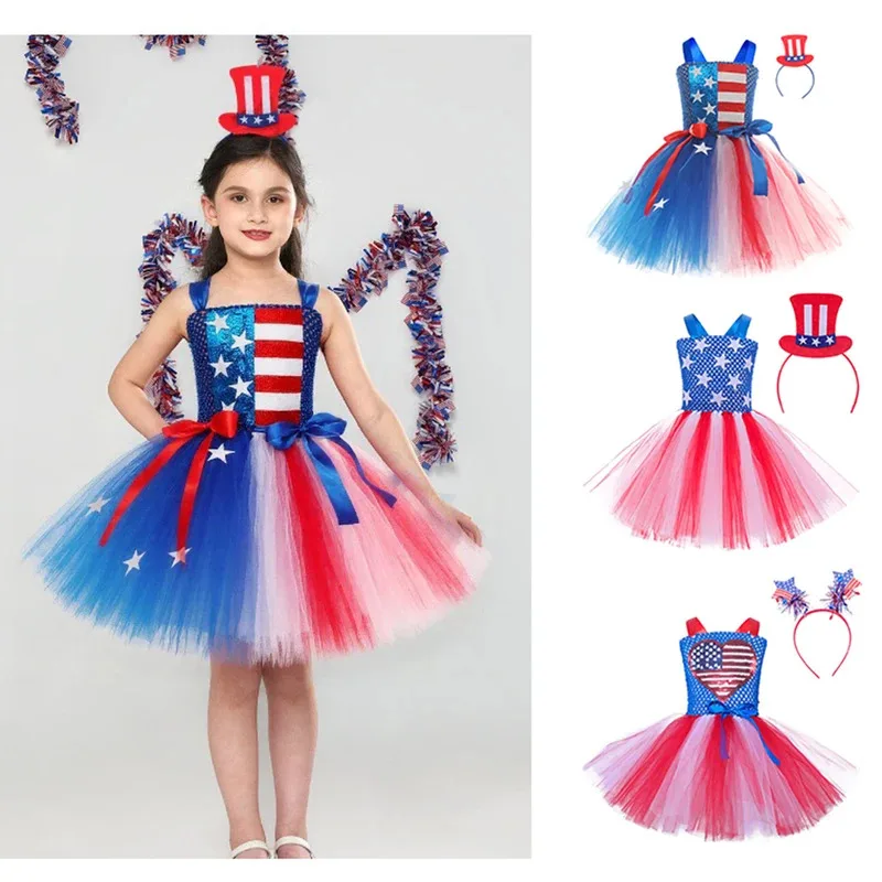 

Girls' pentagram mesh princess dress Independence Day flag sequin non-stop dress Tutu skirt holiday party outfit