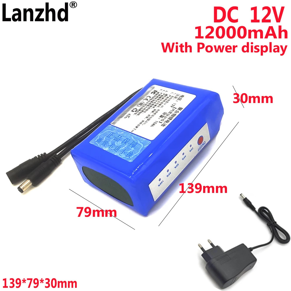 

10Ah Li Battery pack DC 12V with light For LED light strip instrument Monitoring equipment Speaker outdoor night 139*77*38mm