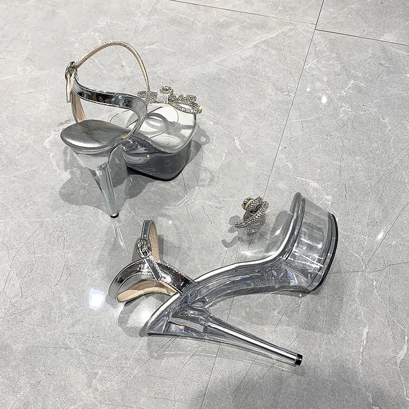 Nightclub new waterproof table crystal bottom pointed wedding fashion runway super high heels women's single shoes