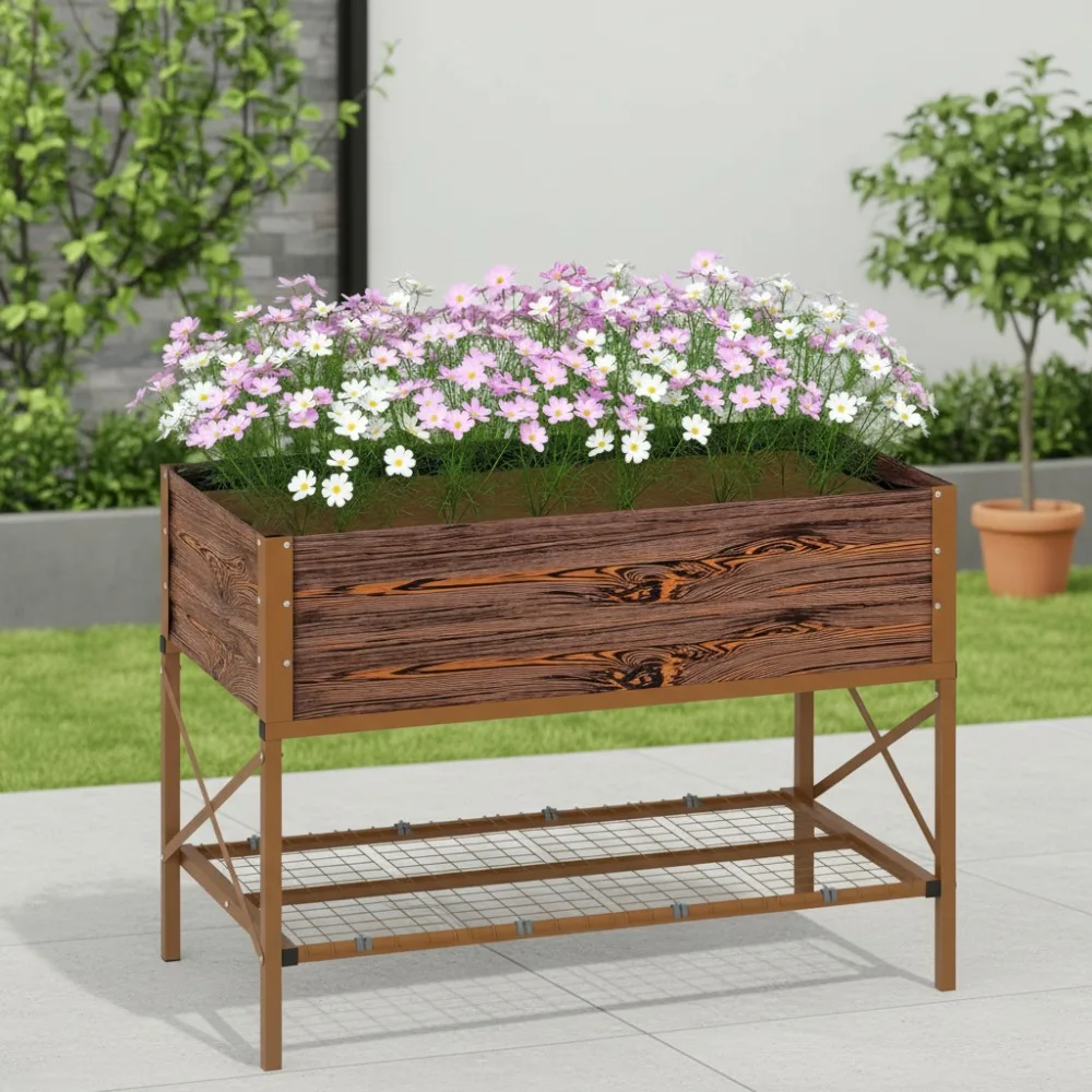 

Elevated Raised Garden Bed with Steel Frame, Storage Shelf & Liner - Planter Box for Vegetables Flowers Herbs