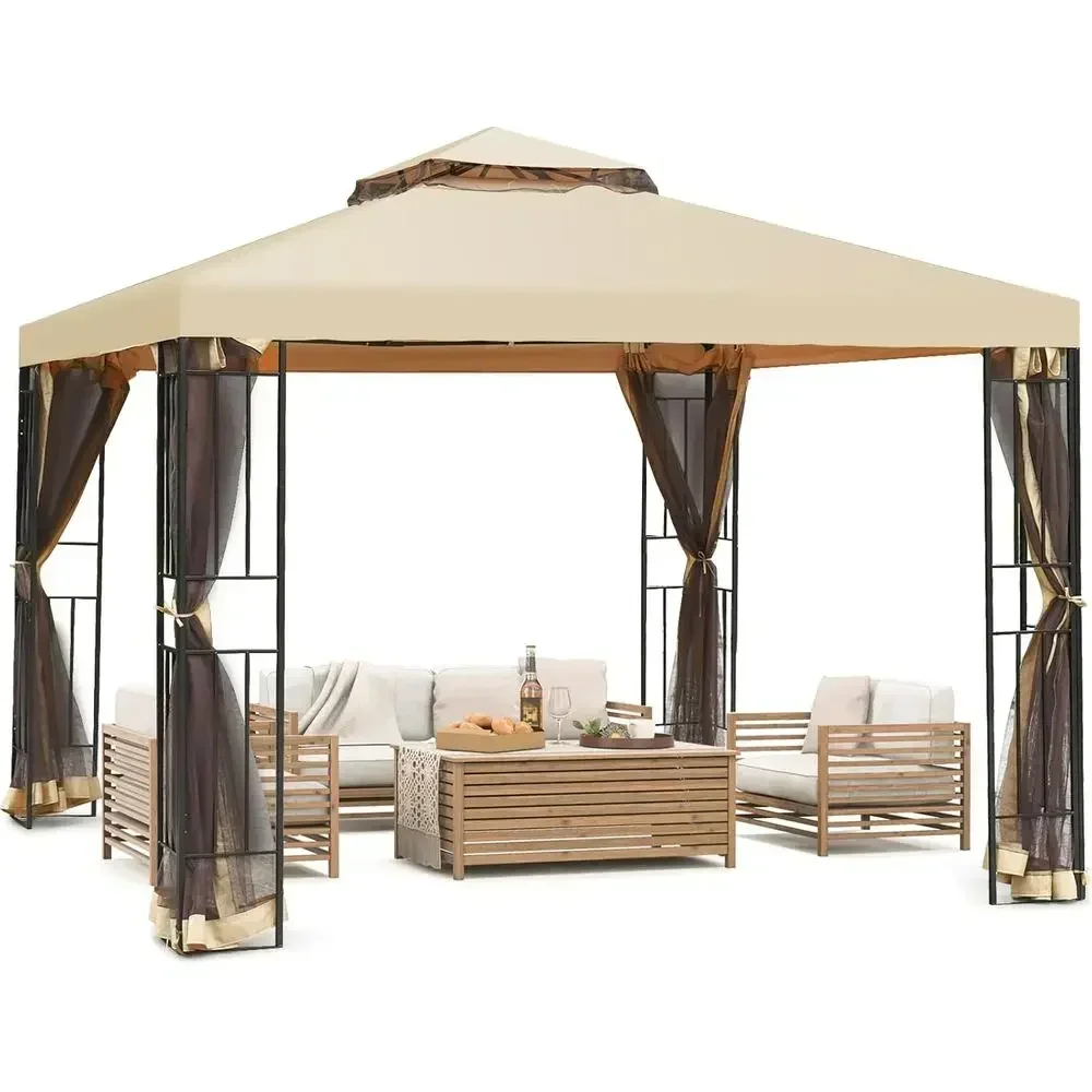

10x10 Outdoor Metal Gazebo with Netting, Heavy Duty Steel, Patio Shade for Garden and Backyard