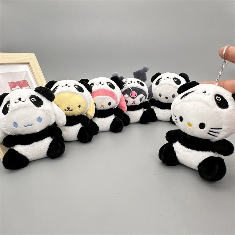 Sanrio-Llavero de Hello Kitty para niños, llaveros de peluche con pompón, regalos bonitos, My Melody Kuromi Panda