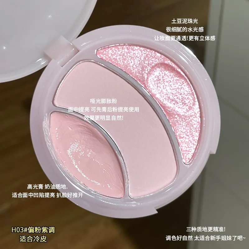 Dreifarbiges, mattes Highlighter-Puder, multifunktionale Konturenpalette, 3D-Aufhellung, wässriges Finish für Make-up