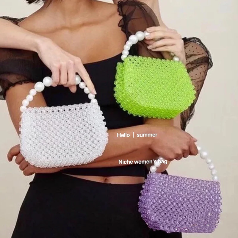 

SHINE Vintage Handmade Customized Beaded Woven Handbags Pearls Handle Mini Cute Summer Vacation Seaside Box Bags for Women