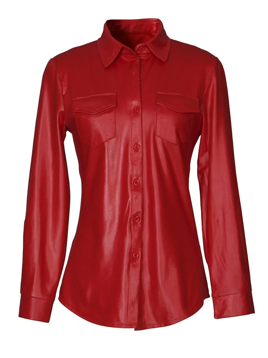 Femmes longue Sve PU cuir irt Jaet confortable coupe ample Faionable décontracté Sle avec poitrine ket tissu Polyester