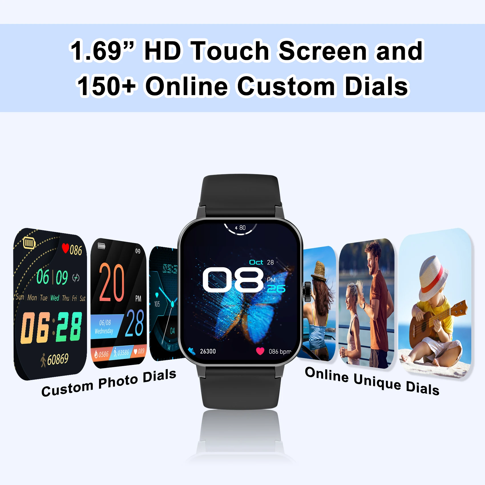 Blackview 1.69Inch Smartwatch HD Full Touch Screen Smartwatch Heart Rate Body Temperatures Monitor 25 Sports Modes Pedometer