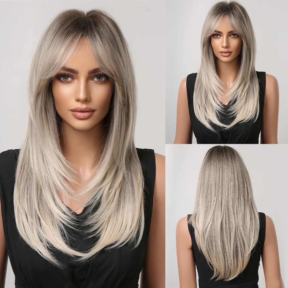 Long Straight Layered Synthetic Wig, Blonde Platinum Highlight