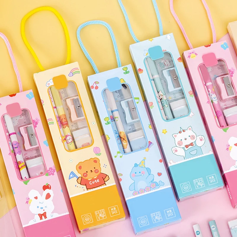 Kit de útiles Escolares Kawaii, suministros completos (lápiz 2 piezas, goma de borrar, sacapuntas, regla)