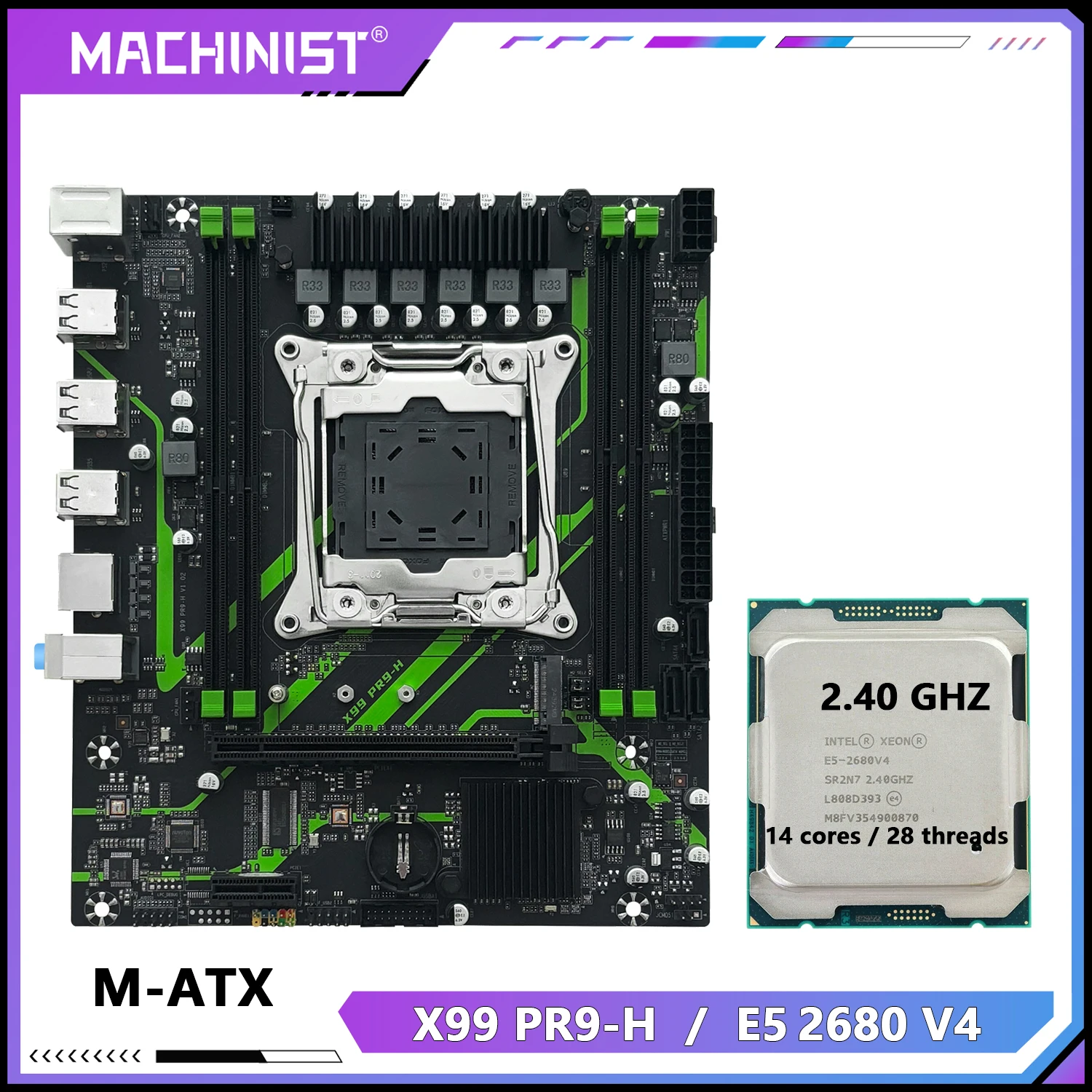 MAXHINIST X99 Motherboard LGA 2011-3 Kit Set Xeon E5 2680 V4 / 2650 V4 / 2630 V4 CPU Processor DDR4 RAM Memory NAME M.2 PR9-H