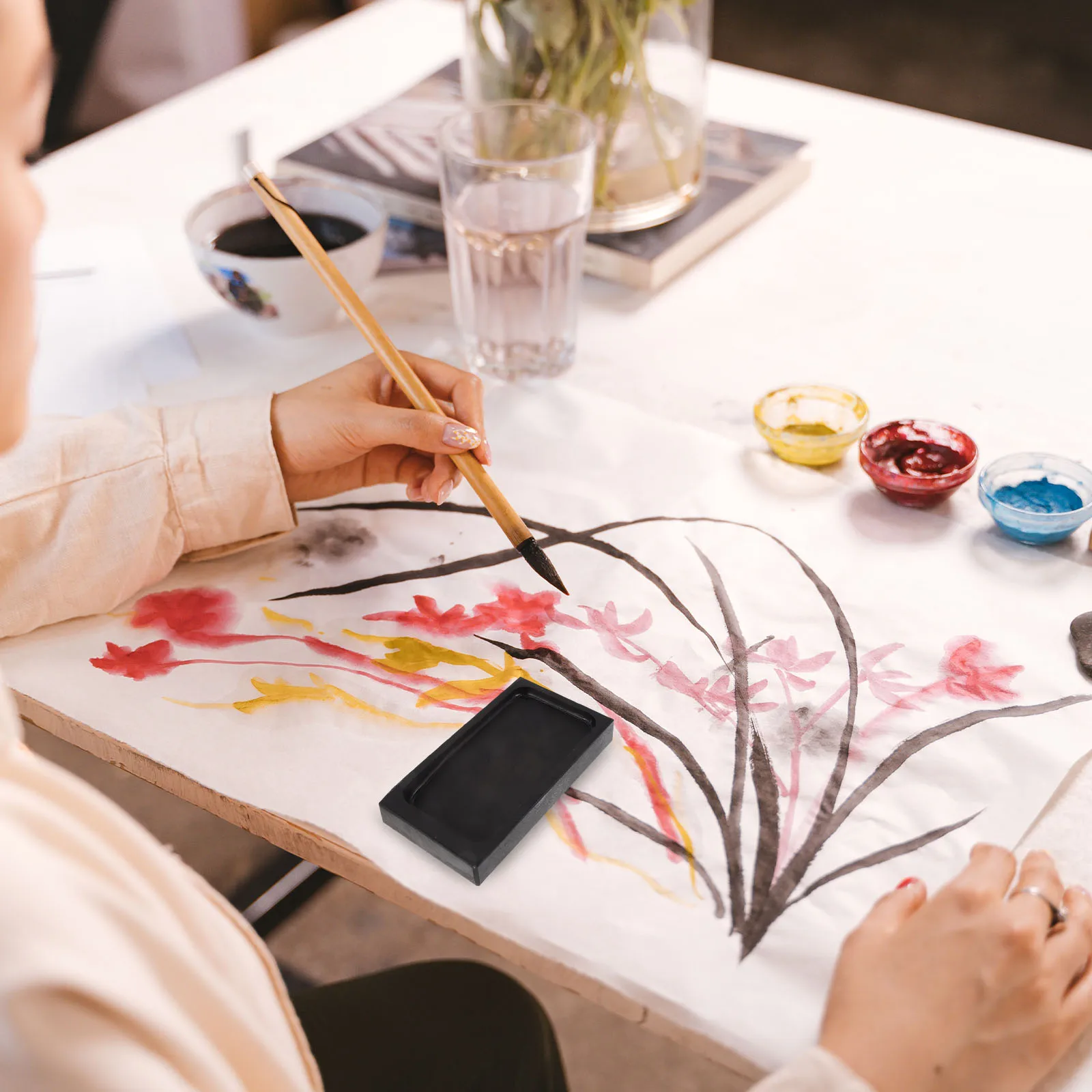 2pcs 5 Inch Natural Inkstone Premium Traditional Chinese Calligraphy Grinding Smooth Dense Stone Wavy Surface Durable For