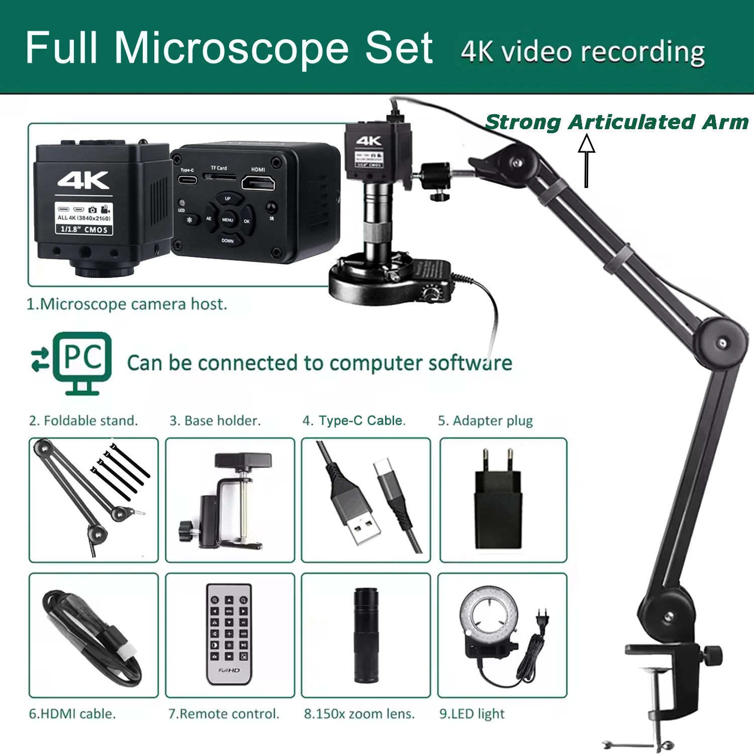 YIZHAN 48MP 4K Digitale Elektronische Microscoop Voor Solderen HD 1080P HDMI Camera USB Software 1-150x Lens upgrade Gelede Arm