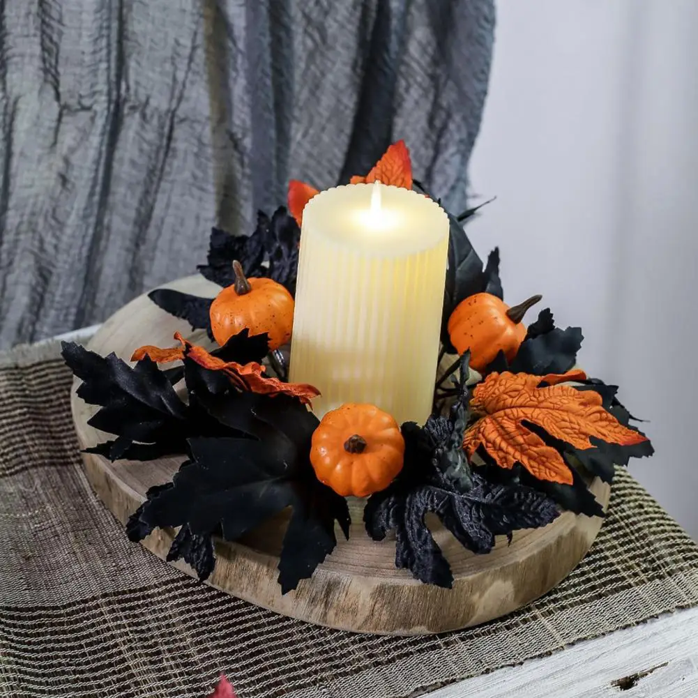 

Faux Flower Candle Wreath Rustic Halloween Thanksgiving Candle Wreath Rings with Artificial Maple Leaves Pumpkin for Festive