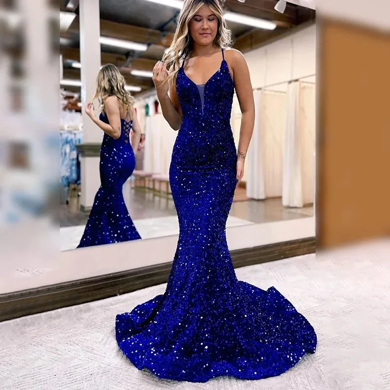 

Custom Prom Dresses Elegant Lace-up Back Sequin Evening Gown Mermaid Illusion V-neck Sweep Train Vestido De Noche for Women