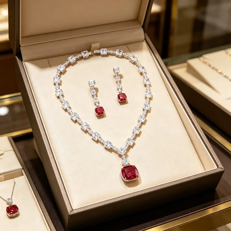 europe-america-style-earrings-necklace-women-lady-inlay-cushion-brilliant-red-square-cubic-zircon-pendant-party-jewelry-sets