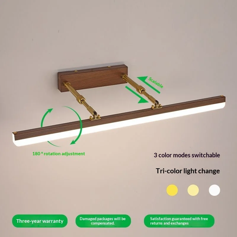 Century Walnut Wood LED Wall Light Extendable Adjustable No Drill Bathroom Mirror Vanity Home Decor