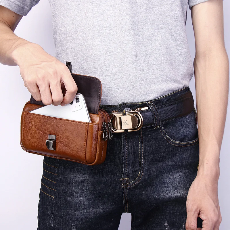 Bag For Men Small Shoulder Bag Men\'s Leather Mobile Phone Waist Bag Wearing Belt 5.5 \