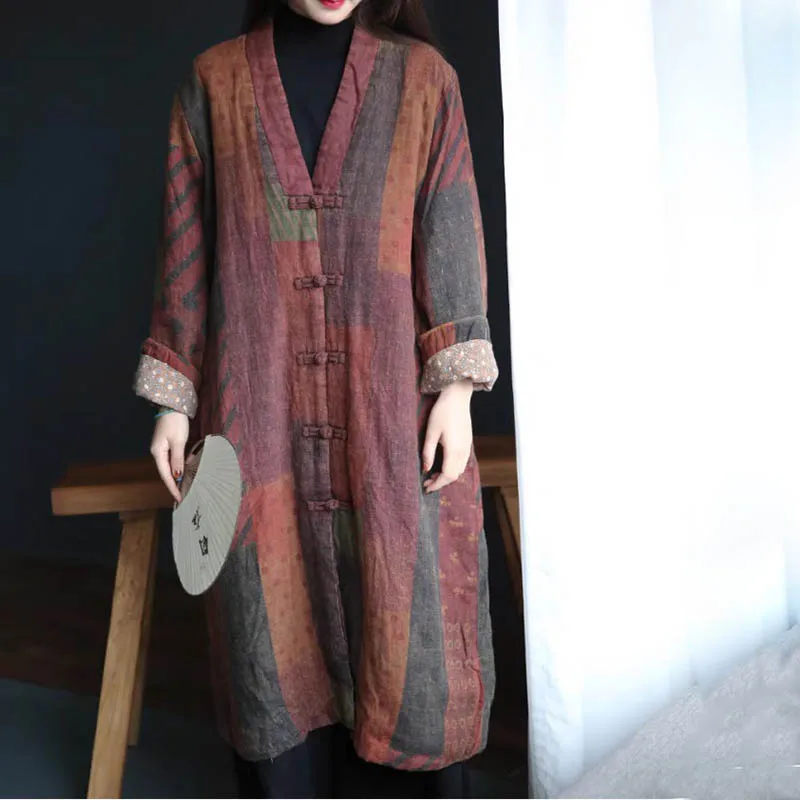 

High-quality flax Hanfu kimono Quilted Long Jacket Womens Winter Printed Vintage Loose Patchwork Chinese Outwear Coats Pockets