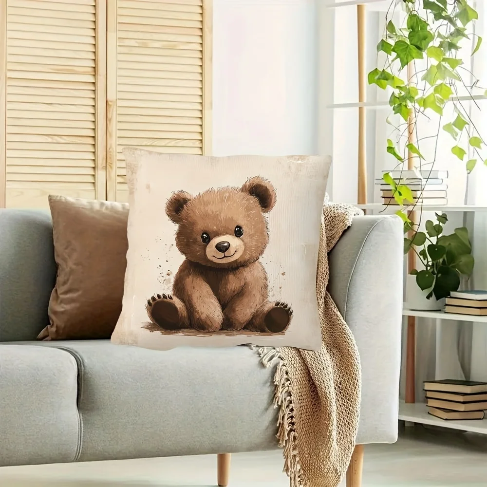 Cute Bear Pillow Case, Cartoon Animal Cushion Cover, Vintage Style Soft Teddy Home Decor for Sofa Bedroom Kids Room Gift