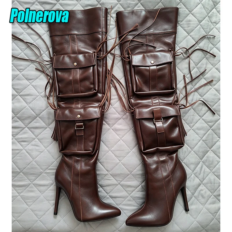 Dark Brown Thigh High Boots Multi Pockets Tassel Leather Over The Knee Boots Pointed Toe Stiletto Heels Fashion Women Shoes