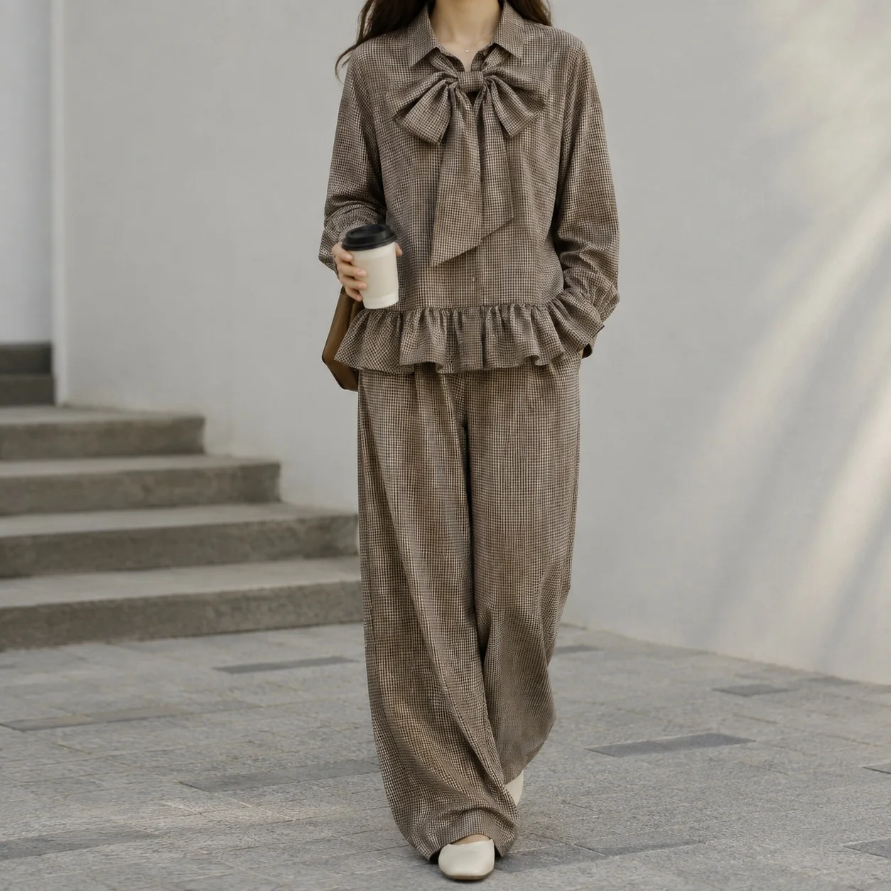 Plaid Ruffle Loose Fit Shirt with Turn Down Collar Long Sleeve Women Blouse Ins Style Checkered Pattern Button Front Autumn