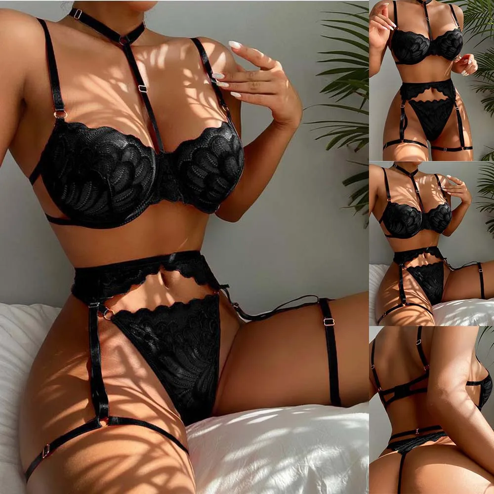Sexy Lace Dress Underwear w/Garter Belt Set for Women Nightwear Sleepwear, Black Color, Polyester Fabric, High Elasticity