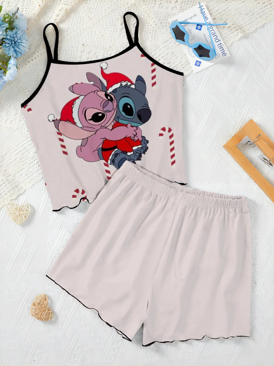 Women's Suit Disney Pajama Skirt Short Sets Slip Dress T-shirt Top Lettuce Trim Minnie Mouse Mickey Pieces Elegant Disney Mickey