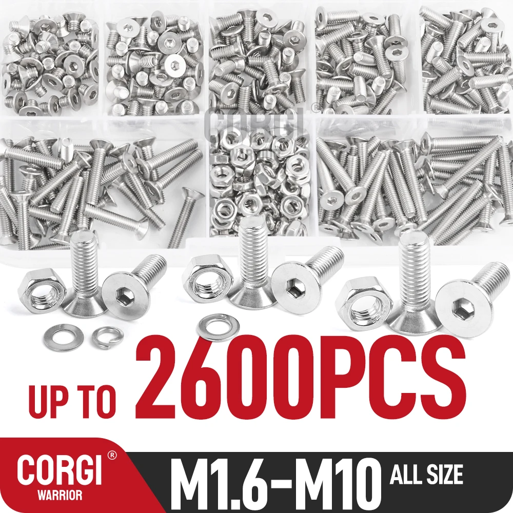 35-2600p Flat Head Hex Socket Cap Screws Bolts Assortment Kit M1.6 M2 M2.5 M3 M4 M5 M6 M8 M10 Stainless Steel Screw Nuts 4-50 mm