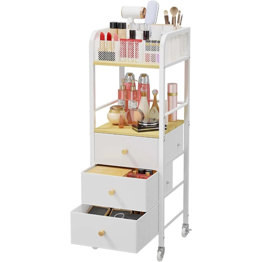 

Rolling Makeup Cart with 3 Fabric Drawers - Skincare & Cosmetic Storage Organizer for Brushes, Perfume, Nail Polish