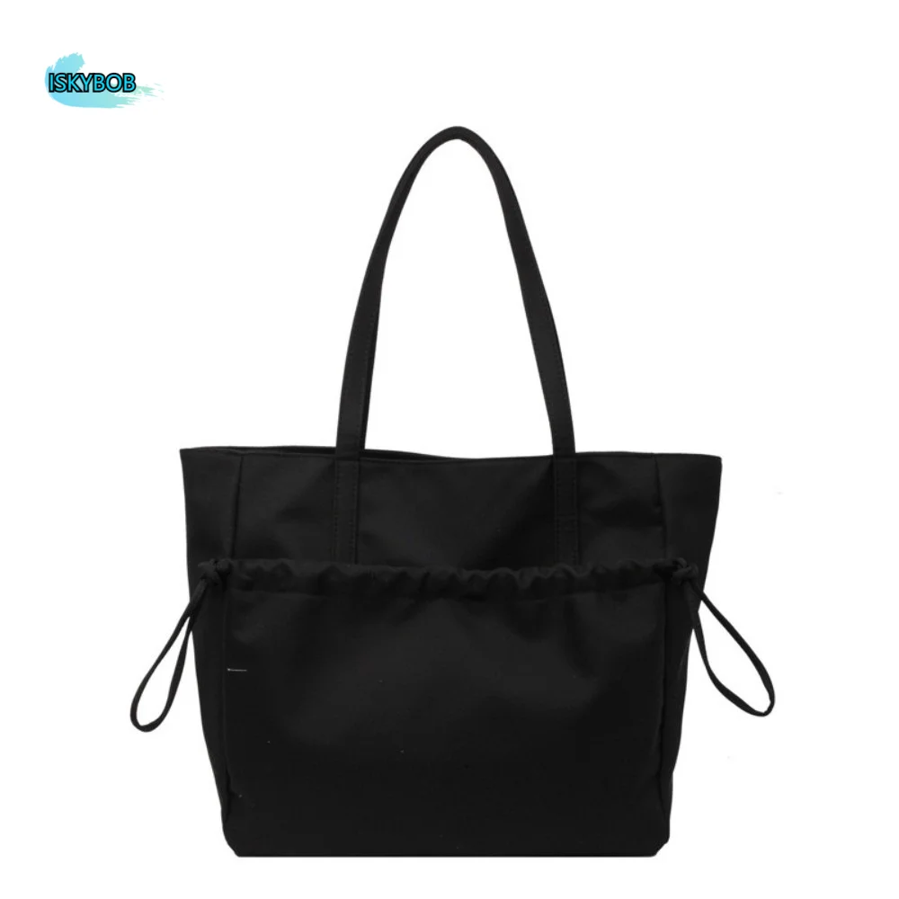 

Fashion Zipper Nylon Shoulder Bag Multi-Pocket Drawstring Large Capacity Tote Bag Solid Color Japanese Style Storage Pouch Daily