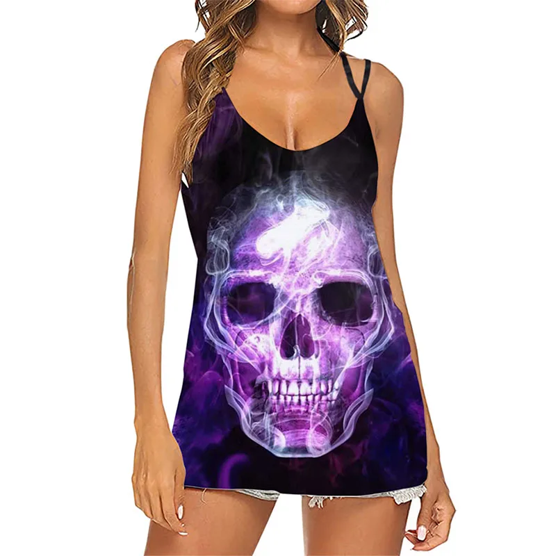 T-shirt da donna Gothic 2023 Summer Turtle Neck Skull e top senza maniche scavato stampato bohémien New top in nero