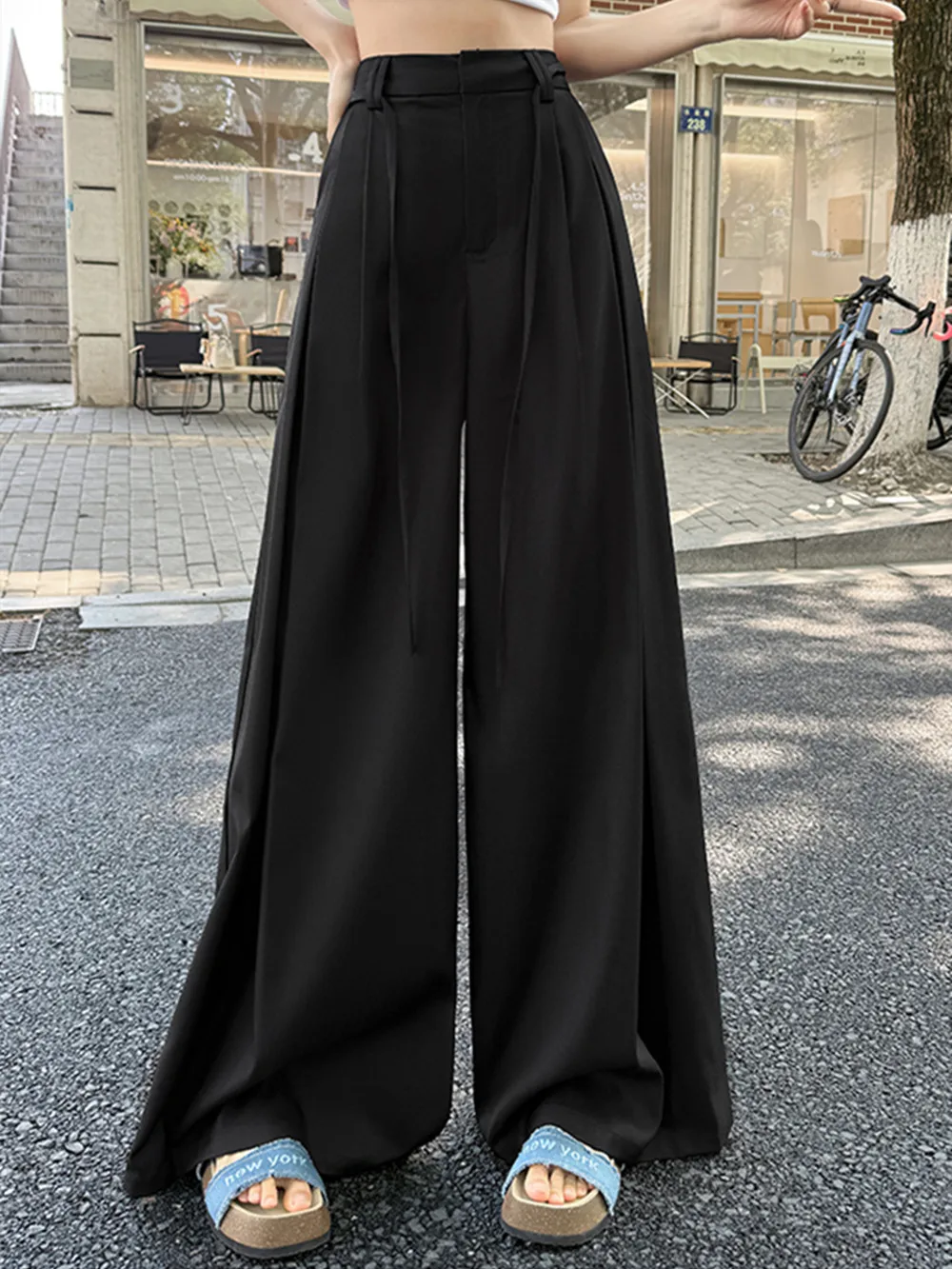 

High Waist Wide Leg Suit Pants Color Block Splicing Pleated Belted Floor Length Women's Fashion Spring Design Casual Trousers