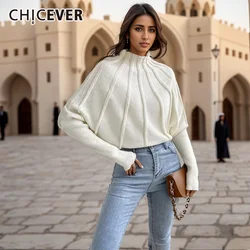 CHICEVER Vintage Loose Solid Sweater For Women Mock Neck Batwing Sleeve Streetwear Pullover Short Knitwear Female Autumn Clothes