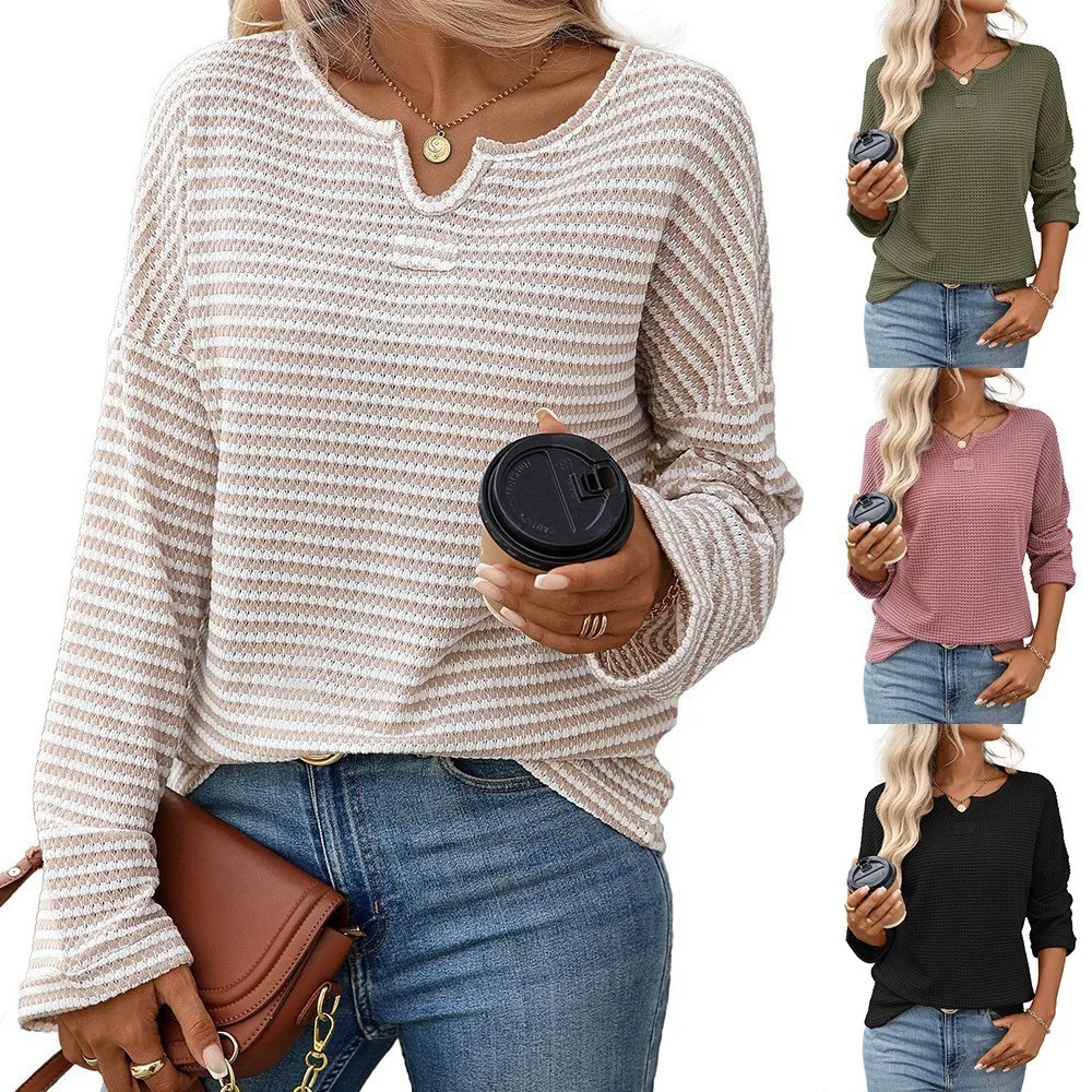Striped Slim Fit Top with Long Sleeve T Shirt American European Style Loose Fit Square Neck Autumn Women Long Sleeve Shirt