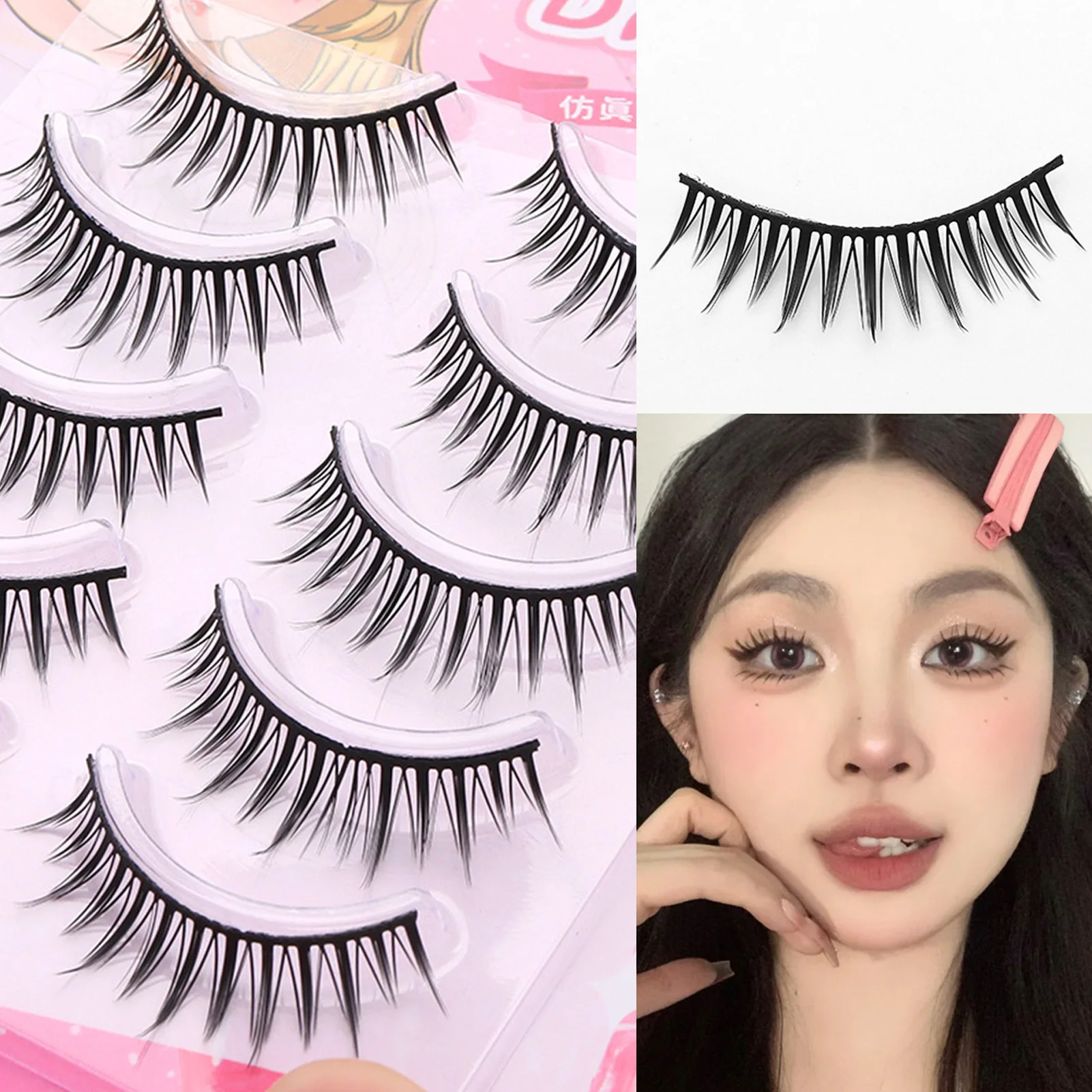 5 Paar einteilige schwarze Manga-Fee falsche Wimpern Anime koreanischen Stil Wimpern natürliche dünne lange Wimpern Frauen Party Make-up-Tool