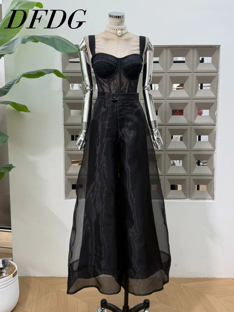 

DFDG Women’s 2025 SS Corset Top Organza Wide Leg Pants Set Double Layer High Waist Outfit Chic Designer Boss Lady Suit Set