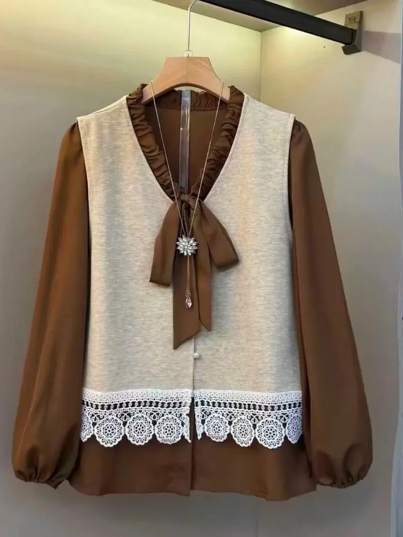 

Faionable Lace Splice Loose Women's Jaet 2026 Spring Autumn New Sle Versatile Casual Long Sve irt for Middle-...