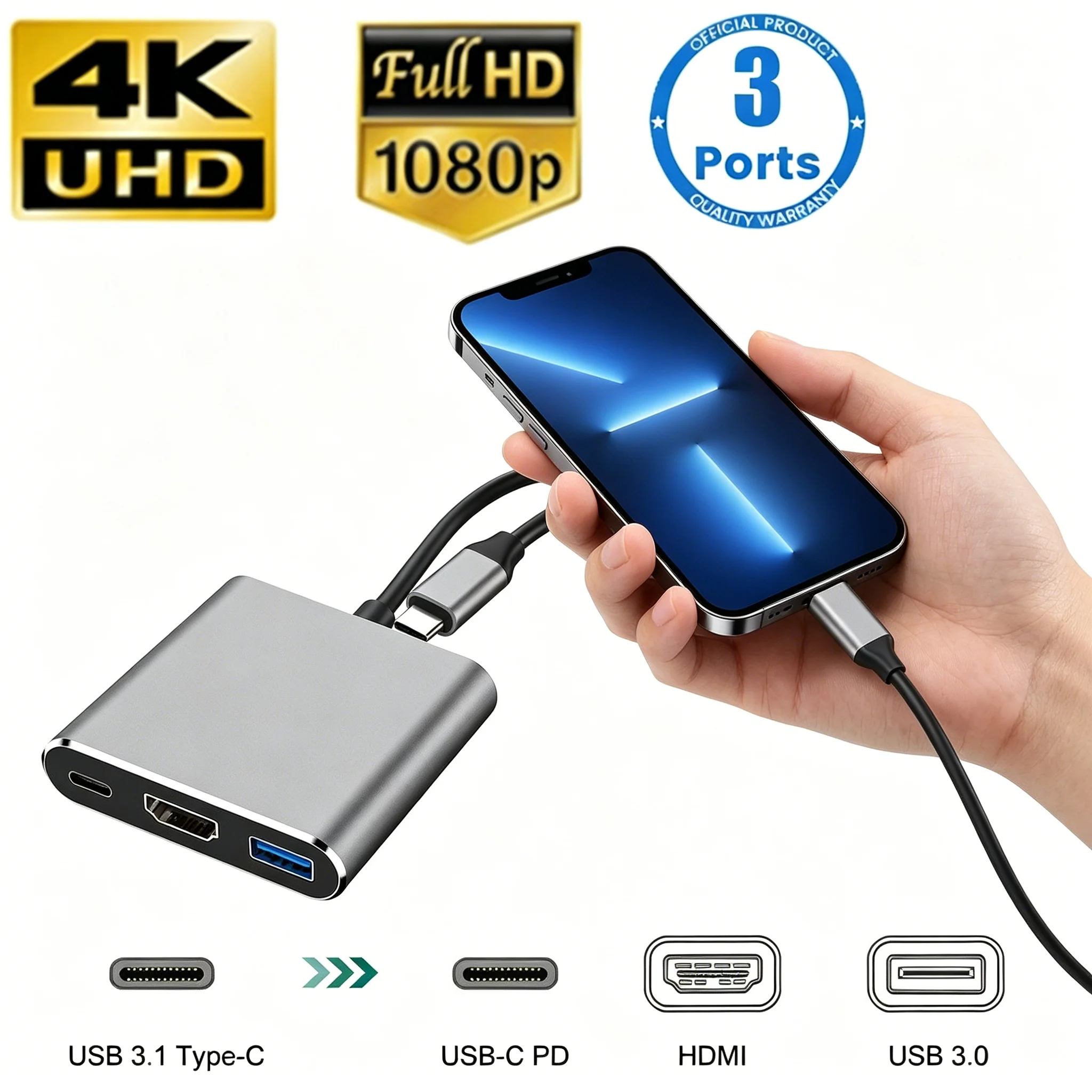 USB C HUB 3-in-1 Multiports Adapter, 4K HD Video Transmitter Converter, USB Type C to HDTV+USB Connector for PC and Mobile Phone