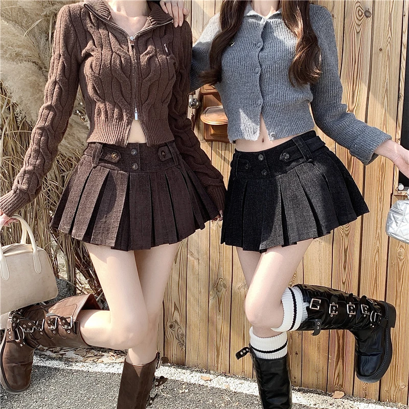 Autumn Winter New Style Retro Fashionable High Waist Pleated Skirt Anti-Light Slim Short Skirt Pants for Women Has Inner Shorts