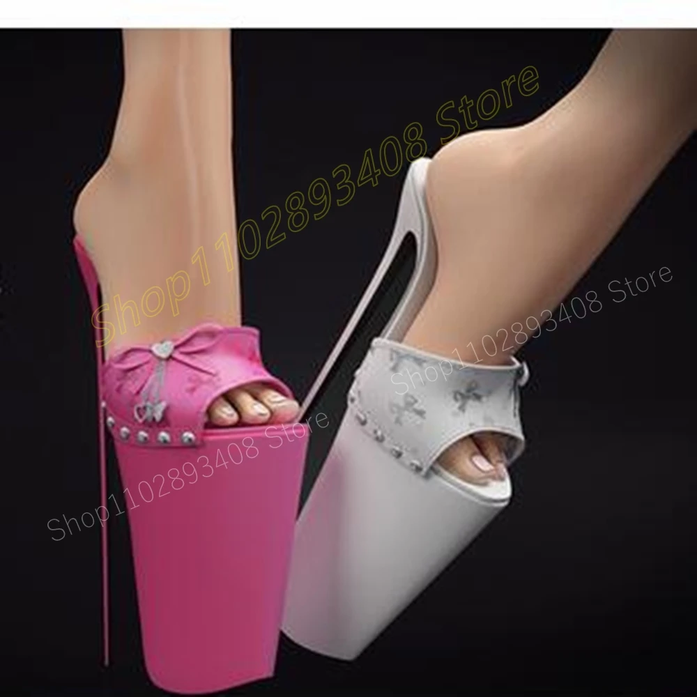 Rose Red Butterfly Knot Rivets Decor Slippers Platform Peep Toe Stiletto High Heel Sexy Women Shoes 2024 Zapatos Para Mujere