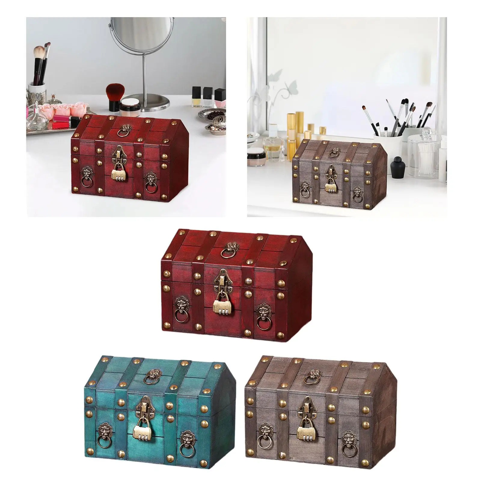 Pirate Treasure Chest with Coded Lock Wood Lockable Unique Trinket Box Vintage Design Decorative Storage Box Jewelry Box