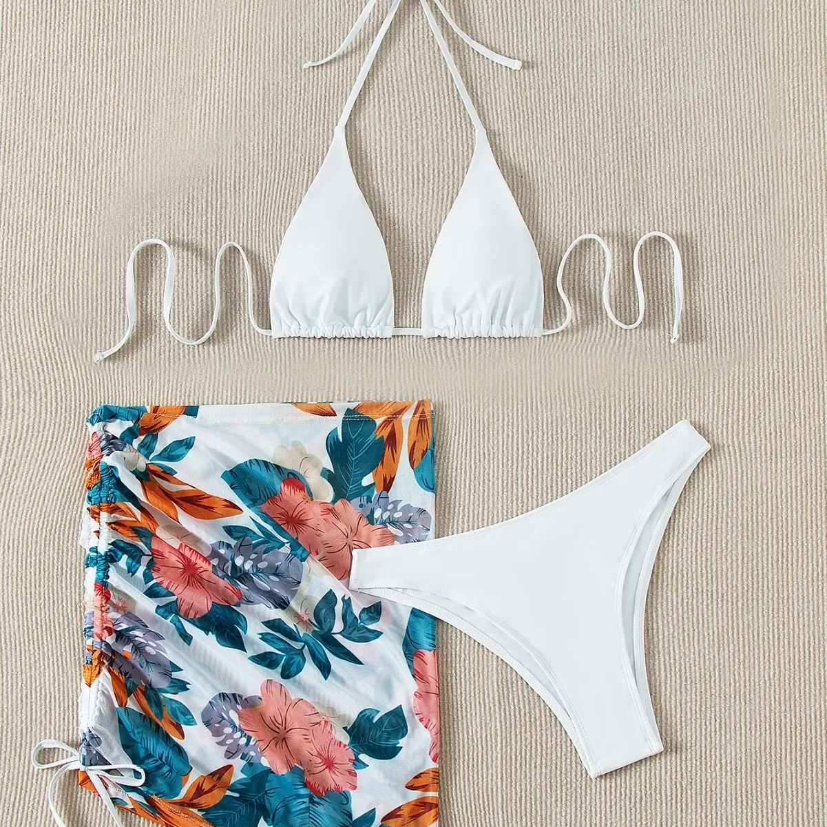 Sexy Driedelige Bikini Set Vrouwen Badmode Badpak Driehoek Halter Bloemenprint Rok Strand Bikini Set Badpak 2024 Nieuwe